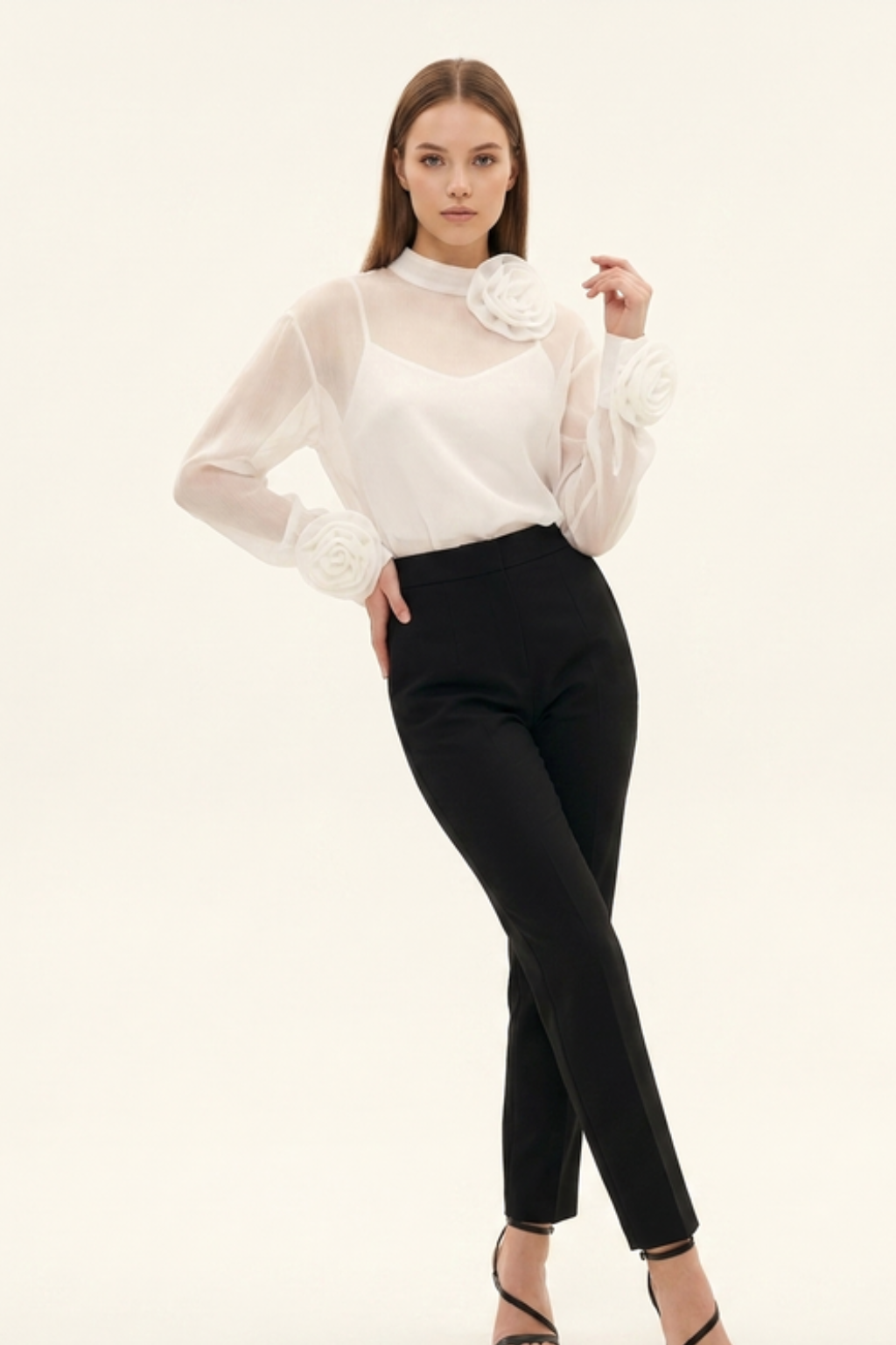 Women's Sheer Mock Neck Blouse – 3D Rosette Cuff & Evening Detail