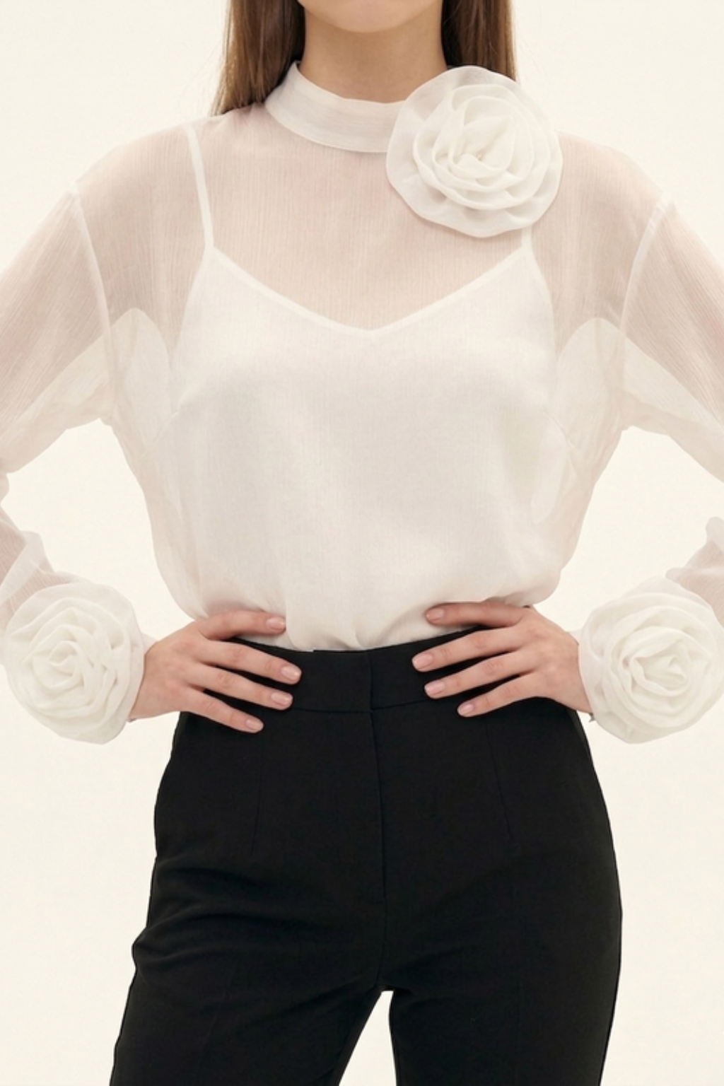 Women's Sheer Mock Neck Blouse – 3D Rosette Cuff & Evening Detail