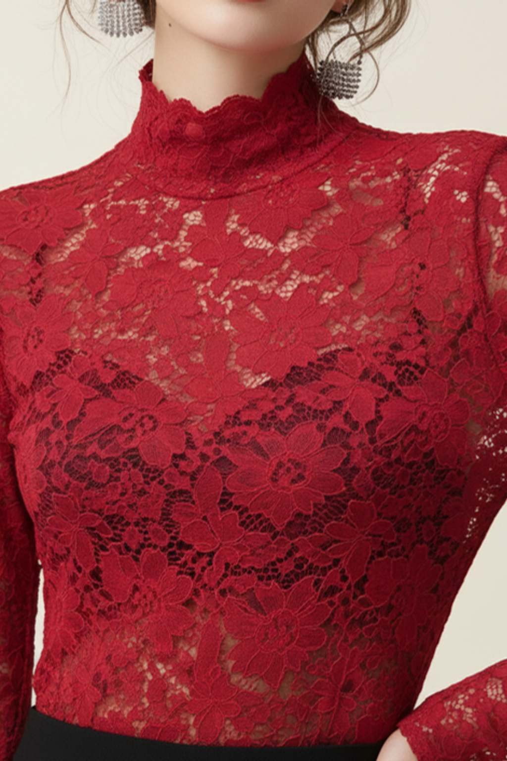 Women's Floral Lace Top – Mock Neck Long Sleeve Going Out Top