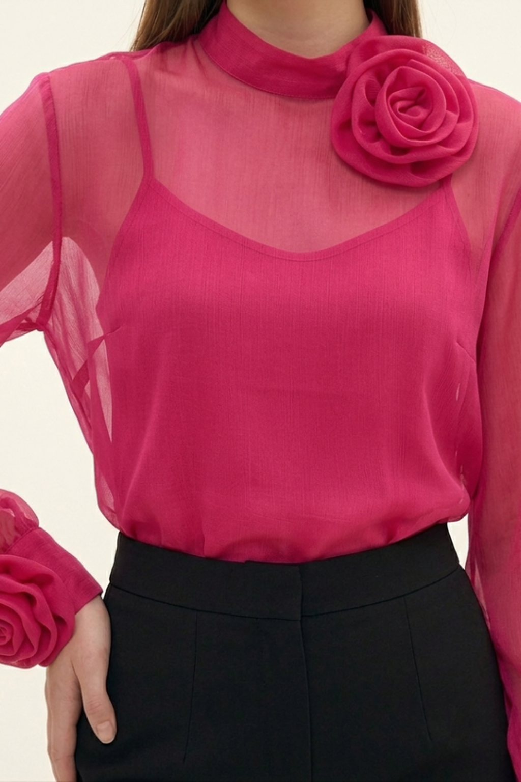 Women's Sheer Mock Neck Blouse – 3D Rosette Cuff & Evening Detail