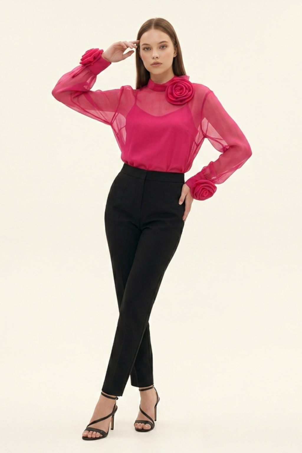 Women's Sheer Mock Neck Blouse – 3D Rosette Cuff & Evening Detail