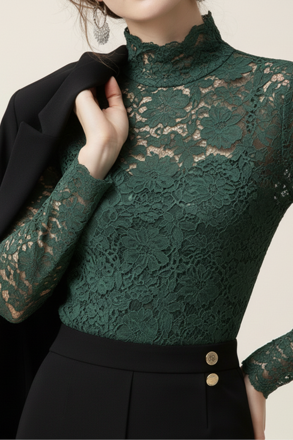Women's Floral Lace Top – Mock Neck Long Sleeve Going Out Top