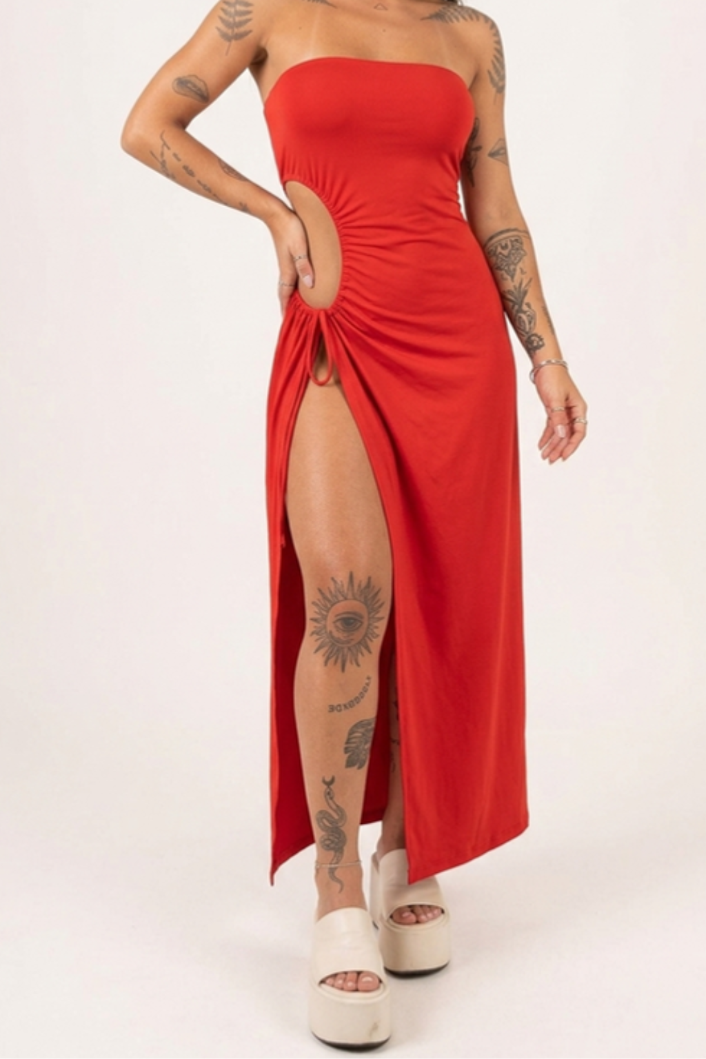 Women's Strapless Cutout Maxi Dress – Side Tie & High Slit Silhouette