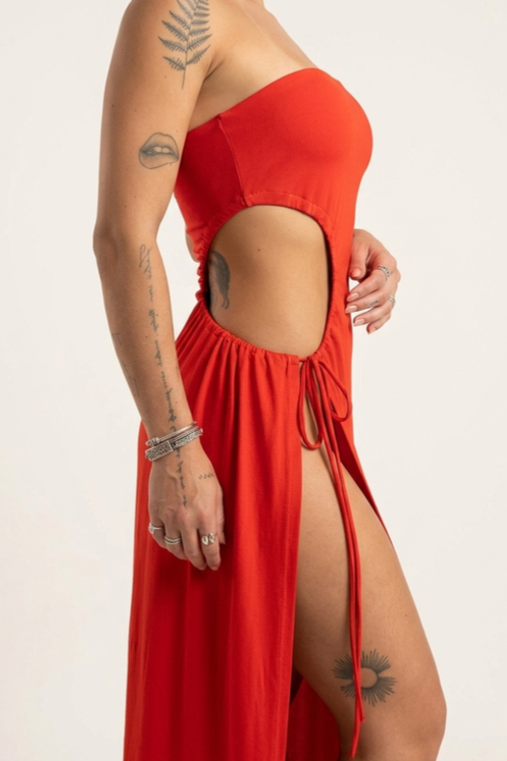 Women's Strapless Cutout Maxi Dress – Side Tie & High Slit Silhouette