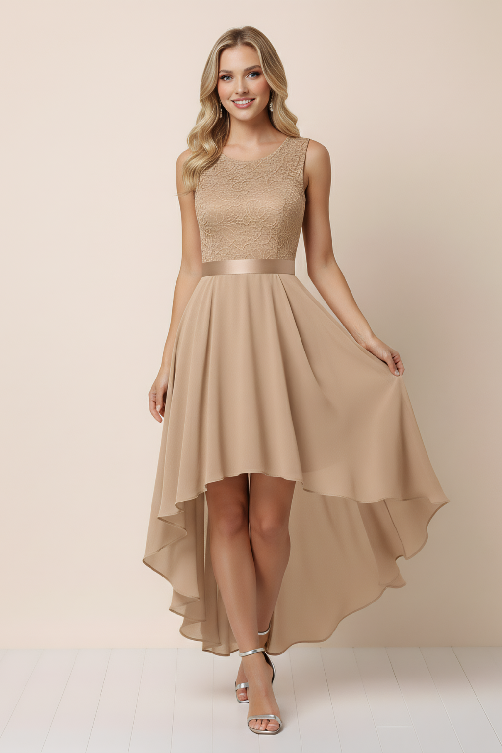 High-Low Evening Dress – Lace Bodice & Flowing Asymmetrical Silhouette