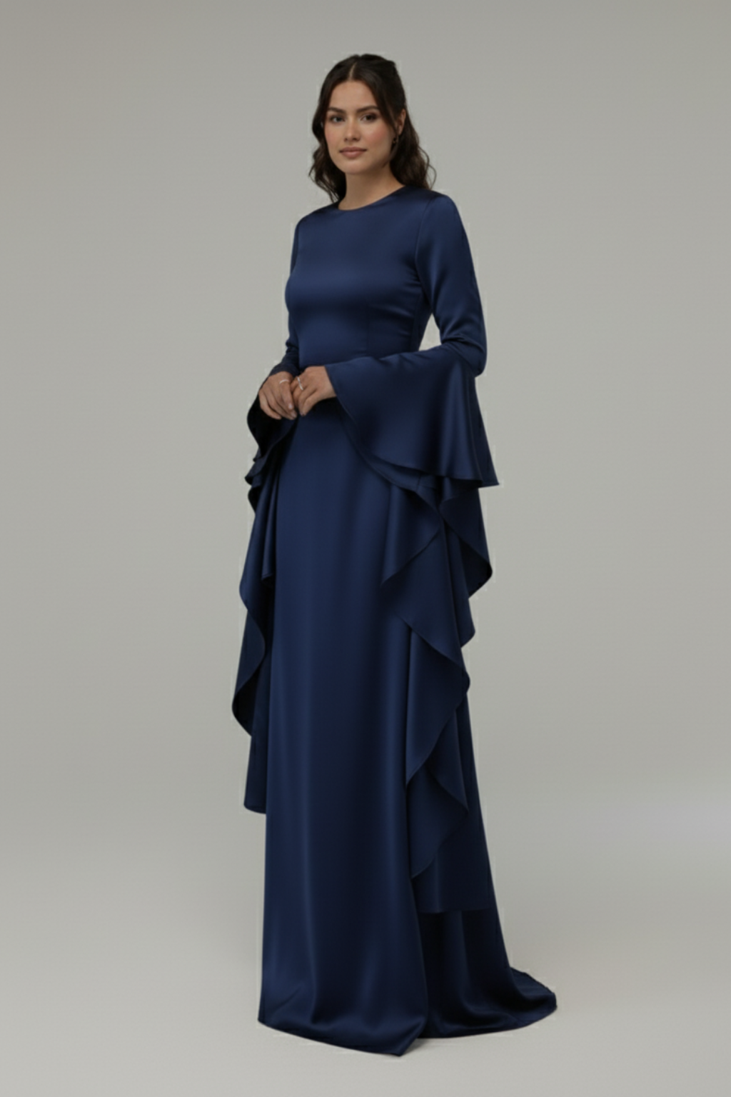 Elegant Long Sleeve Draped Maxi Dress – Evening & Party Gown