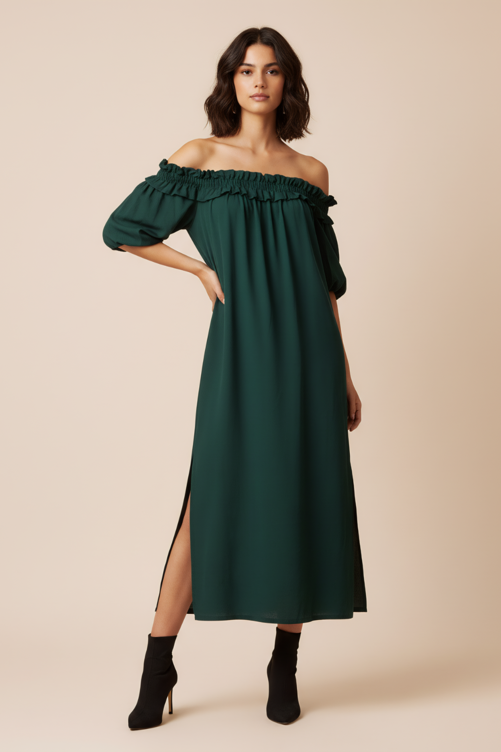 Romantic Off-Shoulder Ruffle Maxi Dress – Flowing Silhouette & Side-Split Elegance