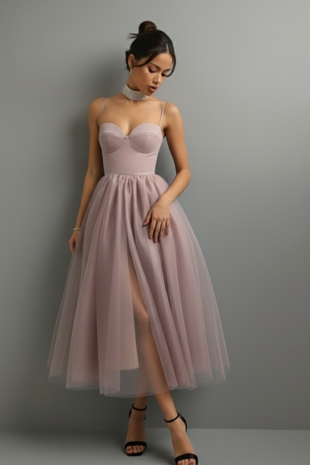 Graceful Corset-Bodice Midi Dress – Spaghetti Straps & Tulle Overlay