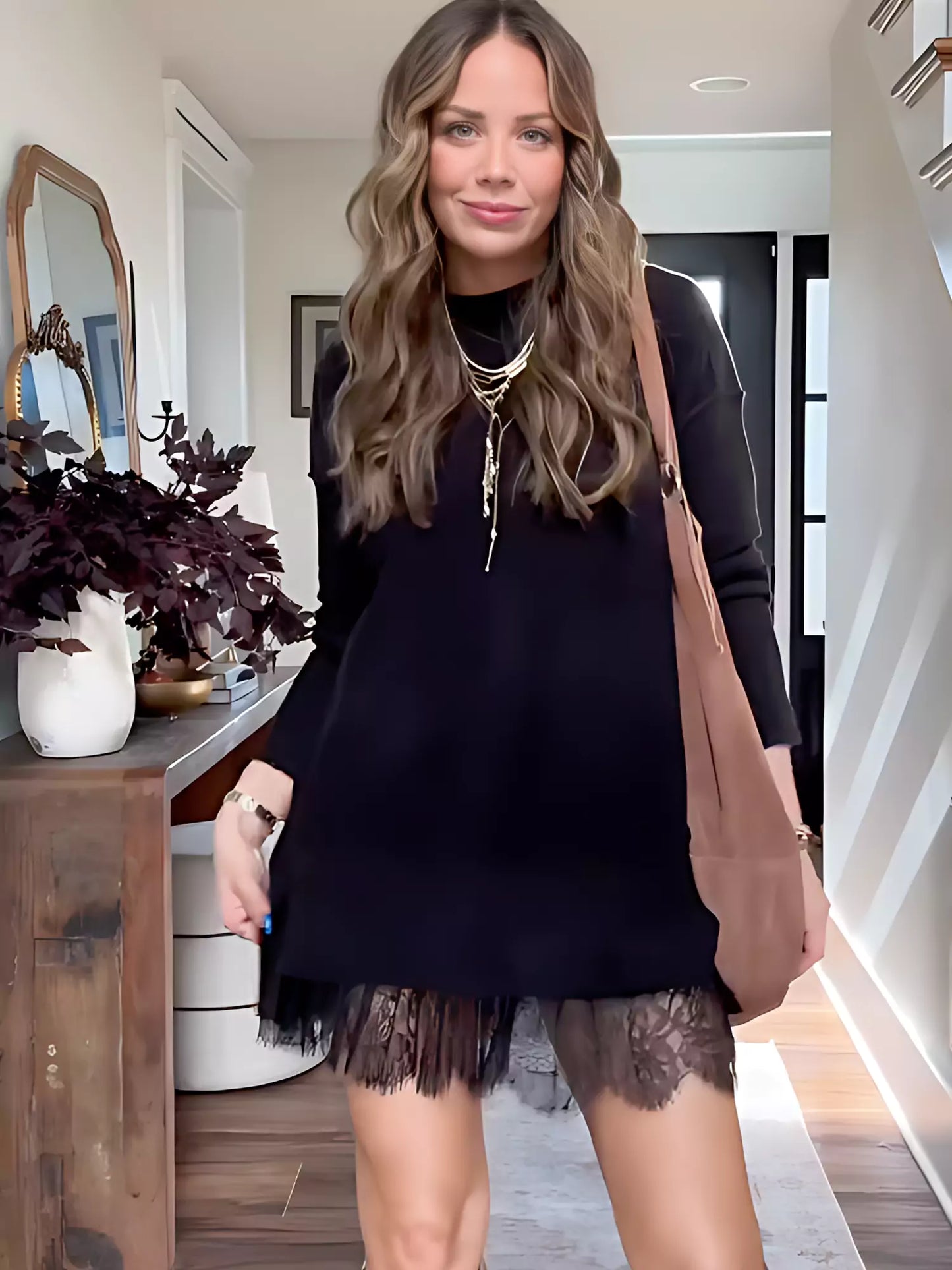Women's Lace Mini Skirt & Oversized Sweater Set – Tiered Knit Co-ord