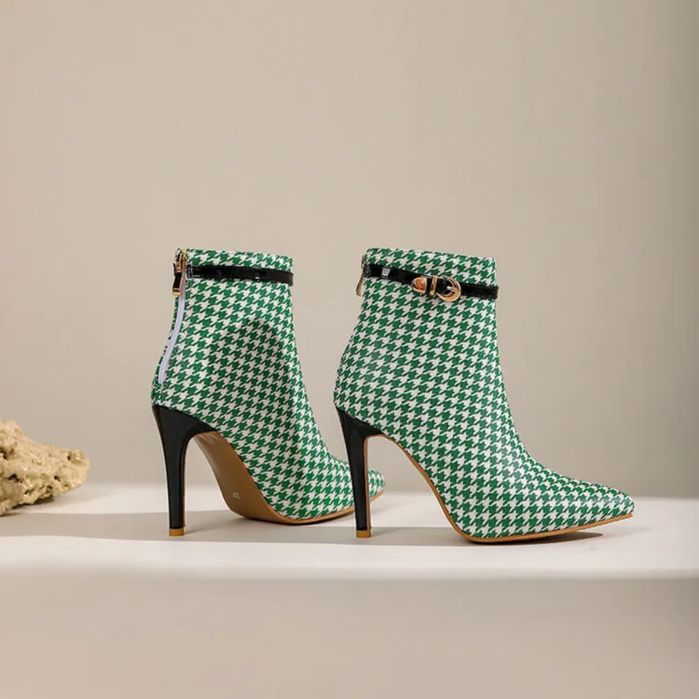Women's Houndstooth Ankle Boots – Pointed Toe Stiletto with Gold Buckle