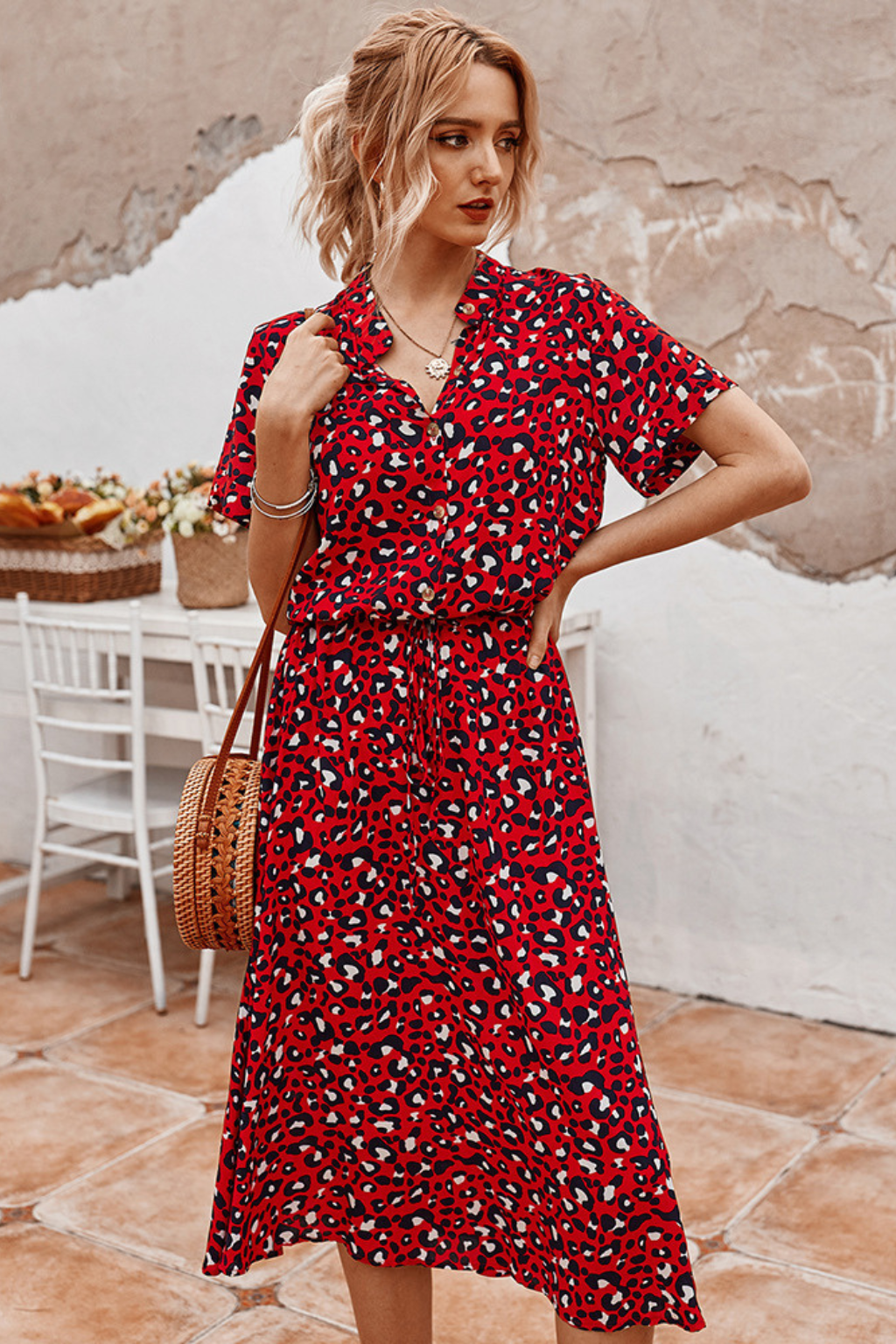 Chic Printed Midi Dress – Short-Sleeve Button-Front Summer Style