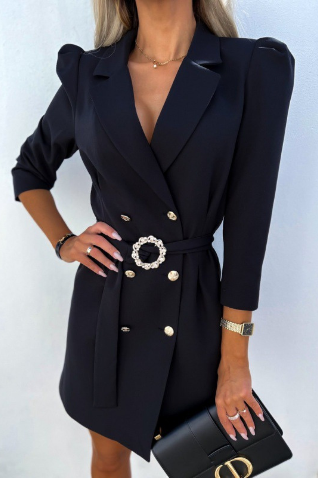 Sophisticated Double-Breasted Blazer Dress – Tailored Fit & Belted Waist