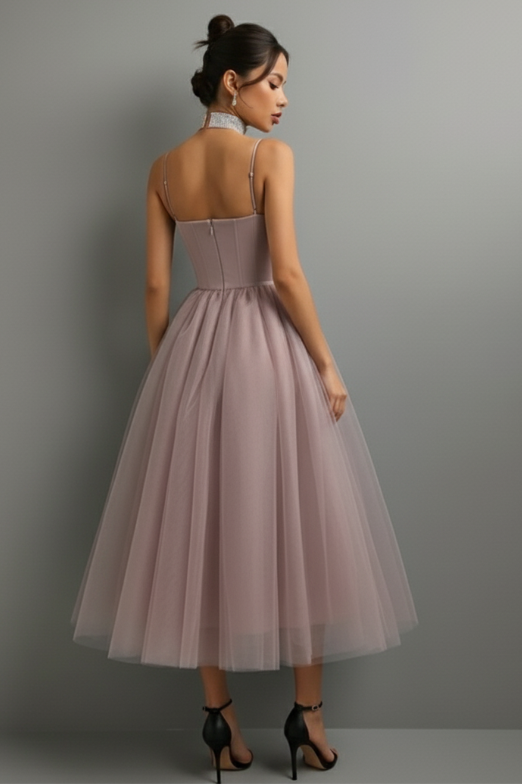Graceful Corset-Bodice Midi Dress – Spaghetti Straps & Tulle Overlay