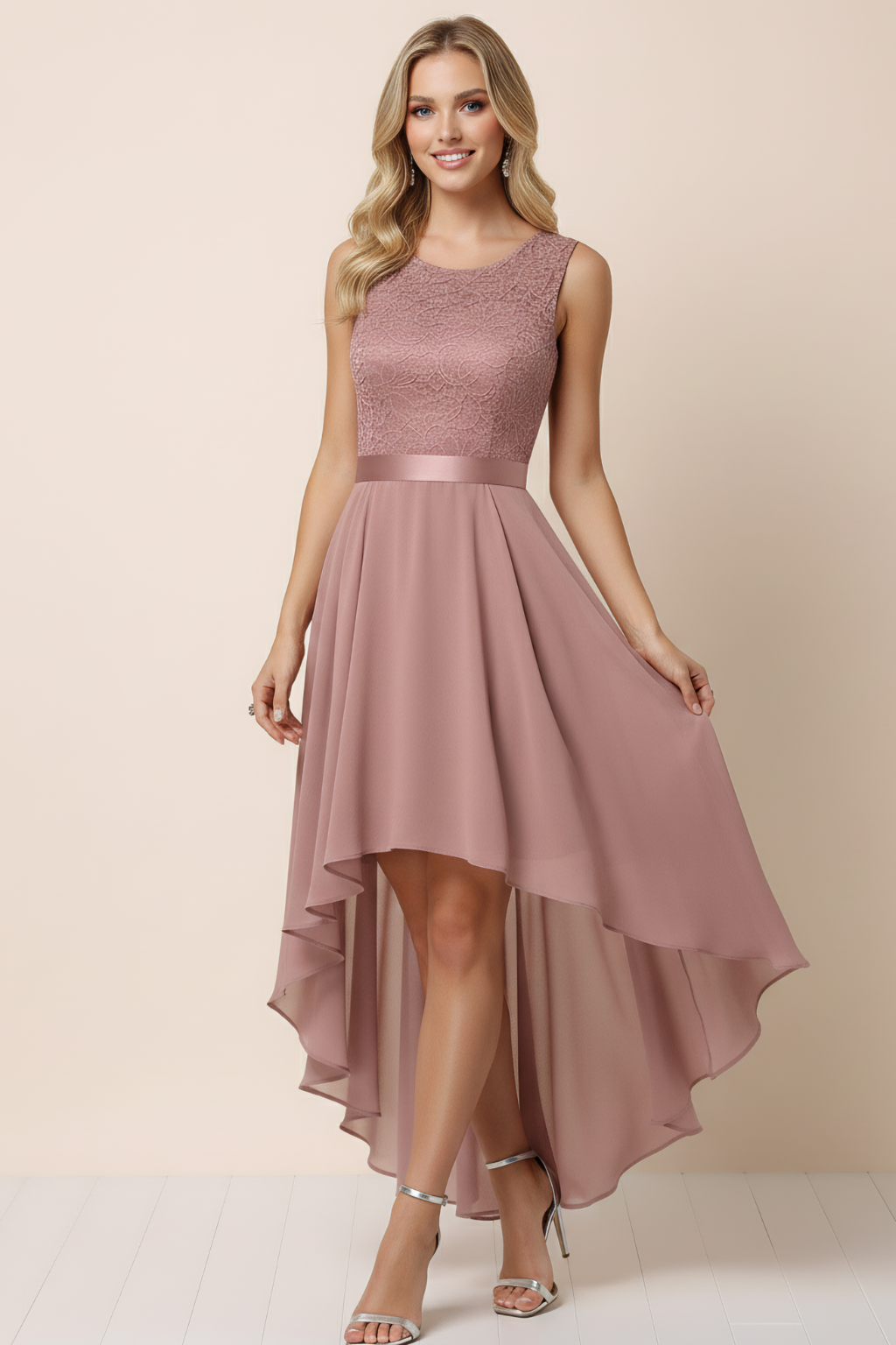 High-Low Evening Dress – Lace Bodice & Flowing Asymmetrical Silhouette
