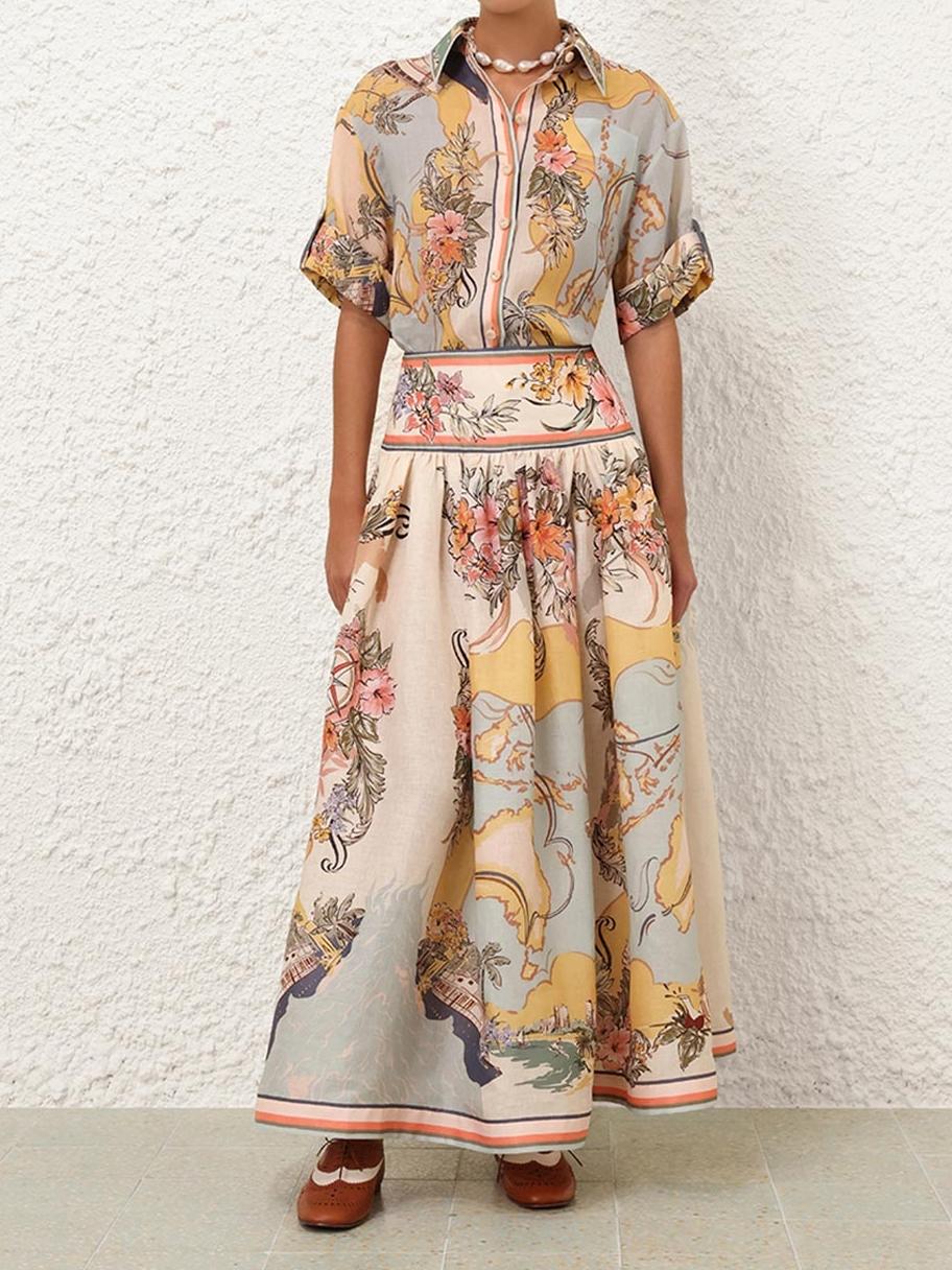 Women's Floral Midi Skirt – Pleated A-line Silhouette & Scenic Print
