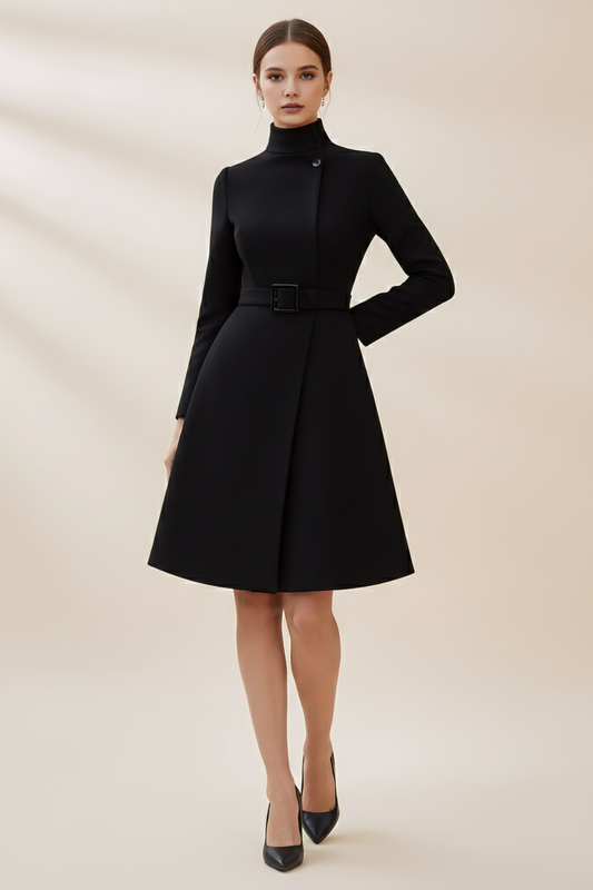 Refined High Neck A-Line Dress – Belted Waist & Asymmetric Silhouette