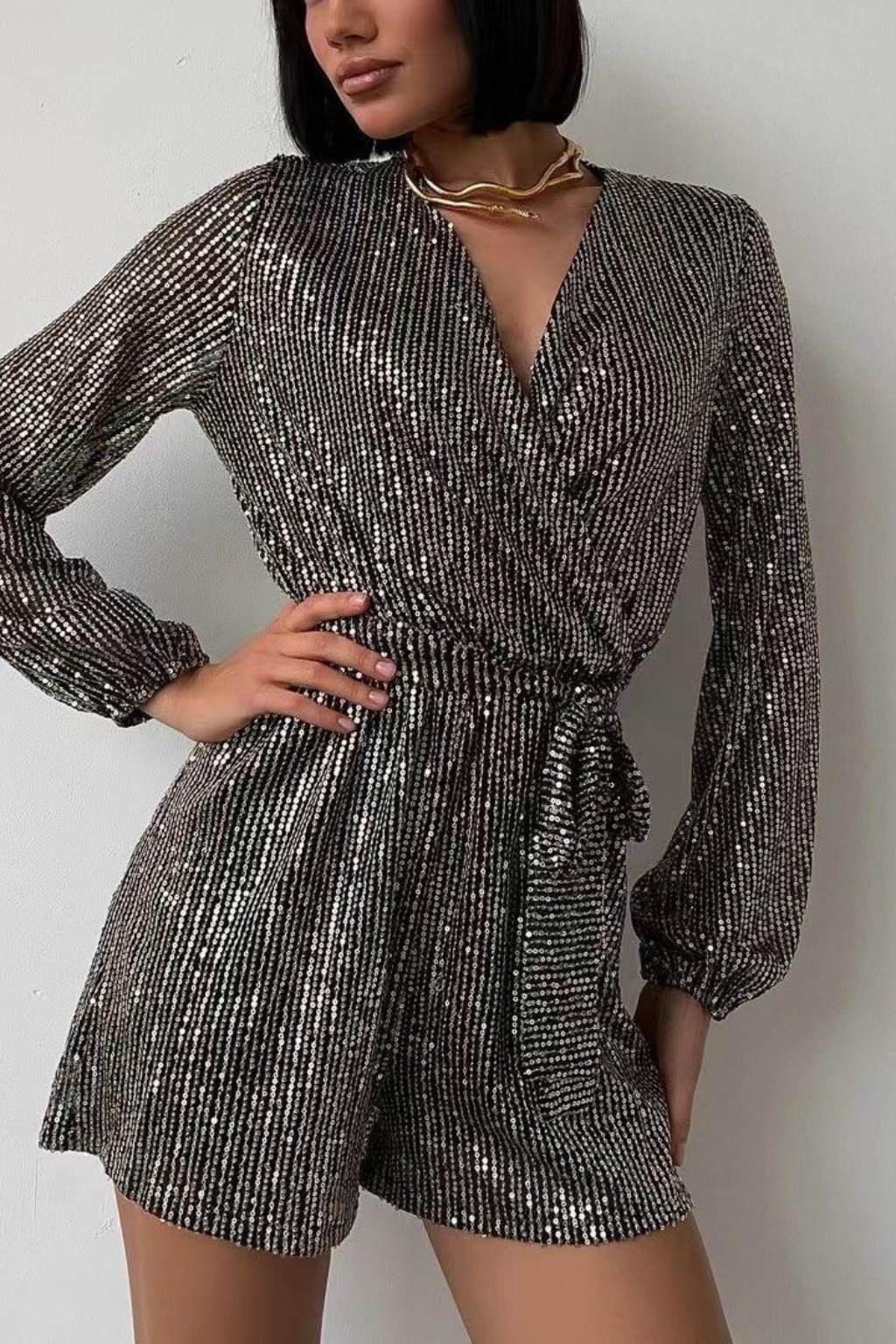 Shimmering Long-Sleeve Playsuit – Wrap Front Belted Party Romper