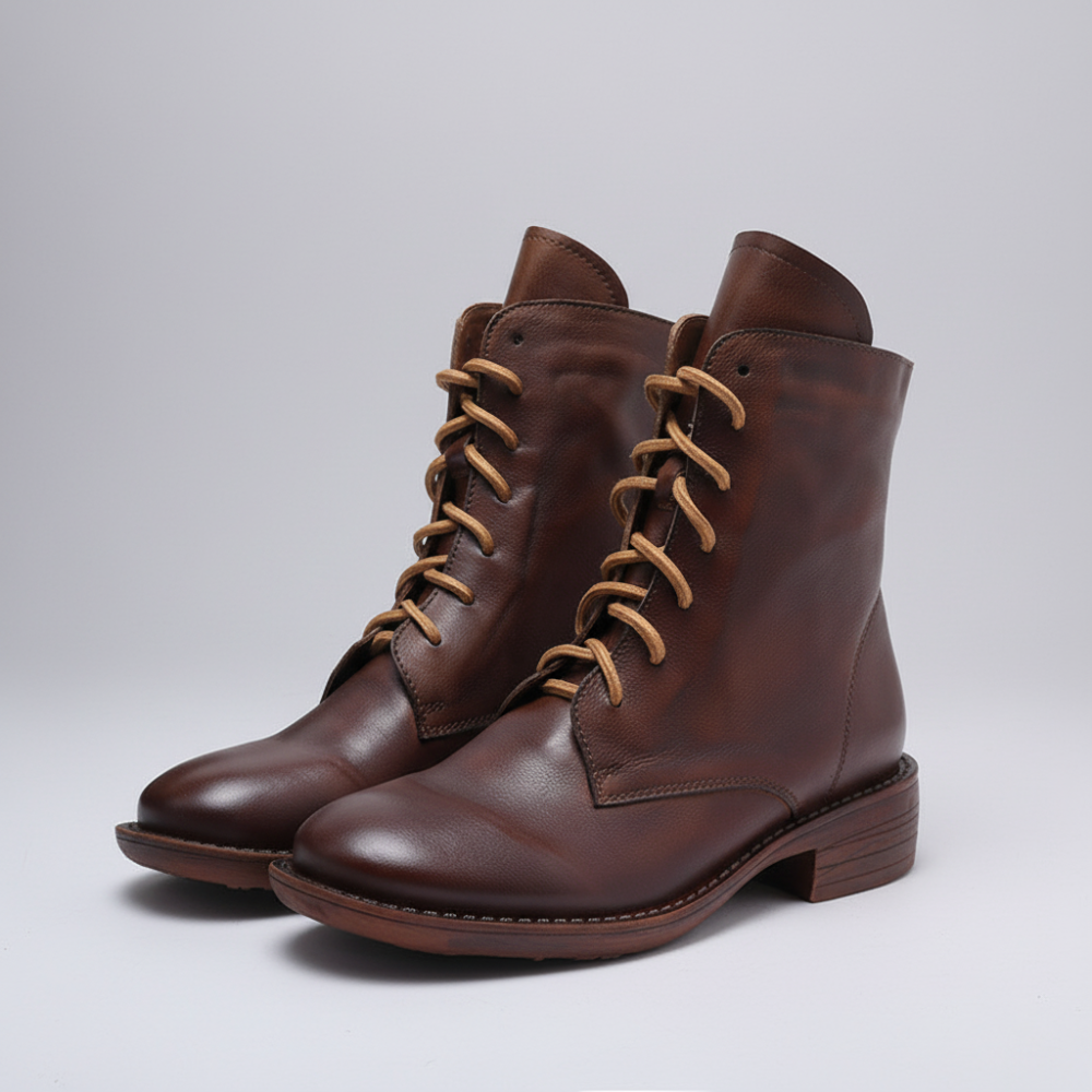 Women's Lace-Up Ankle Boots – Classic Brown with Low Block Heel