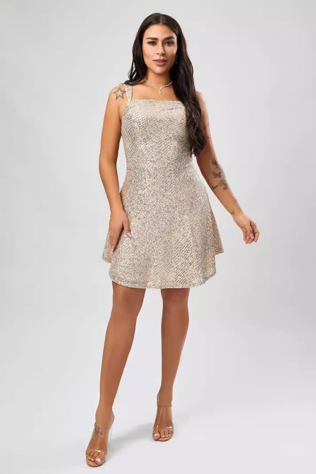 Mini Bodycon Dress – Square Neck Sling Strap & Shimmering Silhouette