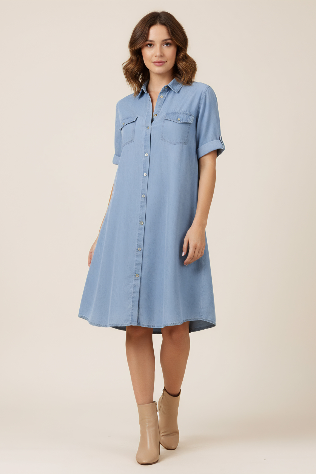 Effortless Button-Up Midi Dress – Relaxed A-Line Cut & Short Sleeve Design
