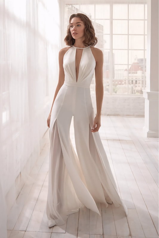 Chic Halter-Neck Wide-Leg Jumpsuit – Sophisticated Sheer-Layer Design