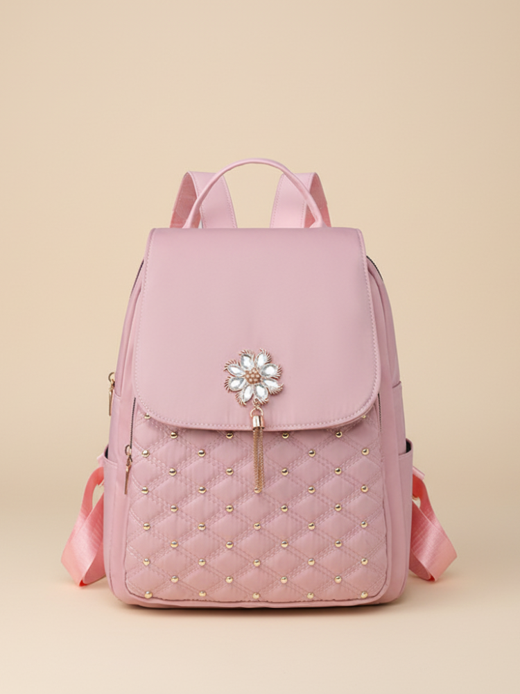 Chic Quilted Purse Backpack – Korean-Inspired Women’s Bag with Pearl Flower Accent
