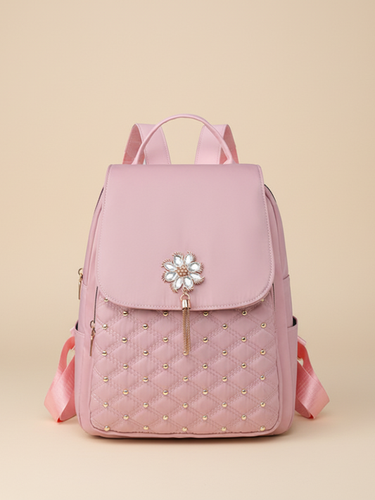 Chic Quilted Purse Backpack – Korean-Inspired Women’s Bag with Pearl Flower Accent