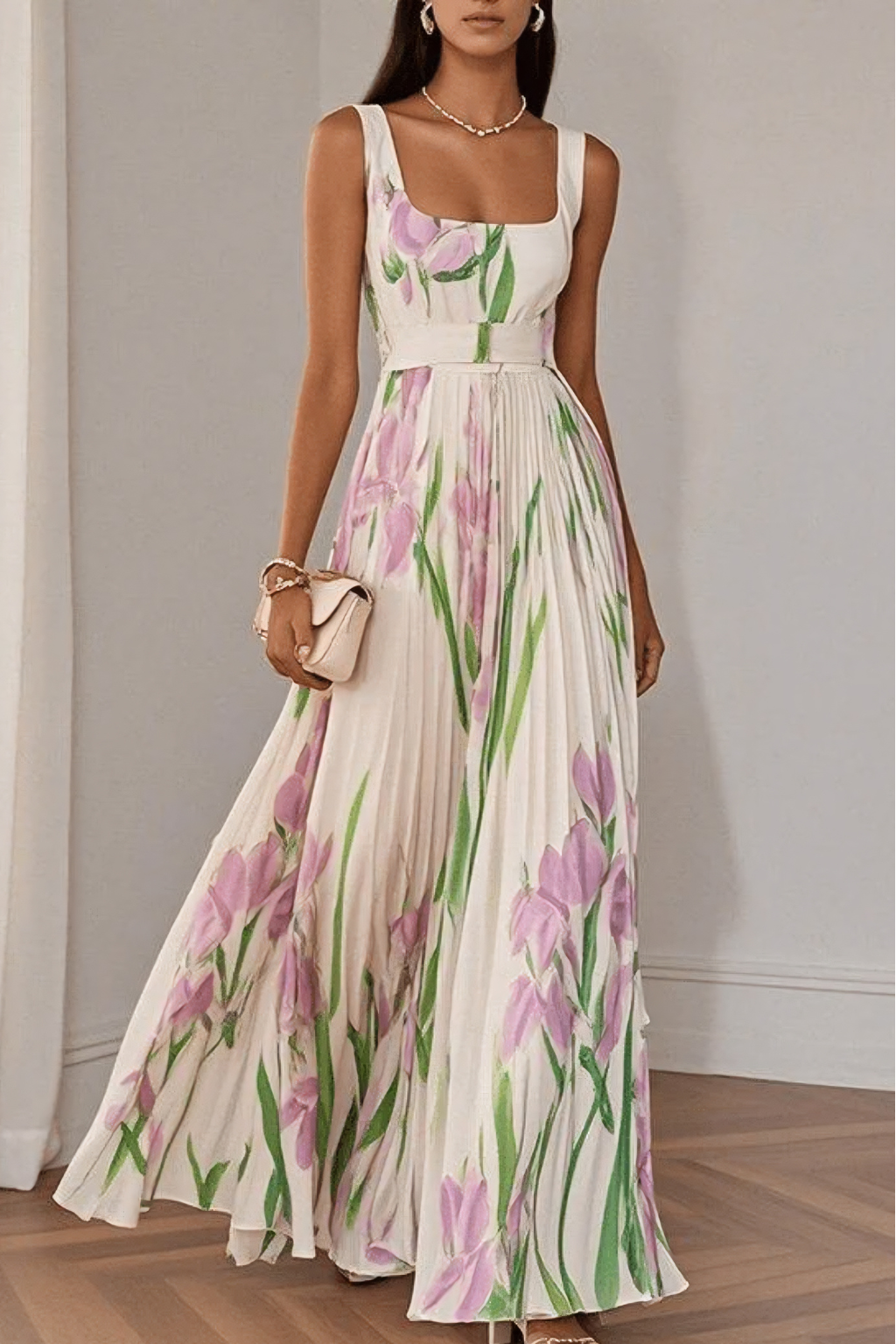 Elegant Sleeveless Floral Pleated Maxi Dress – Square Neck Evening Silhouette