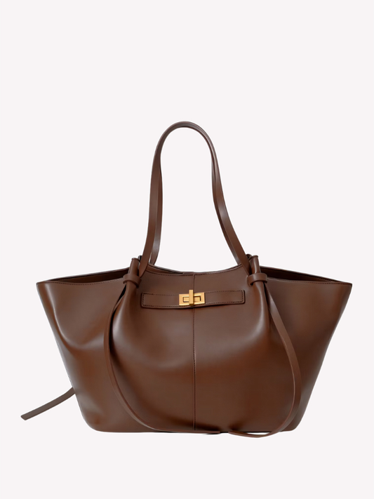 Elegant Large Leather Tote Bag – Chic Work & Laptop Shoulder Bag with Gold Detailing