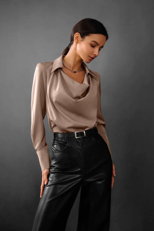 Polished Draped Collar Blouse – Long-Sleeve Modern Office Top