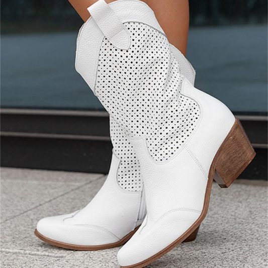 Breathable Western Cowboy Boots – Perforated Design with Block Heel