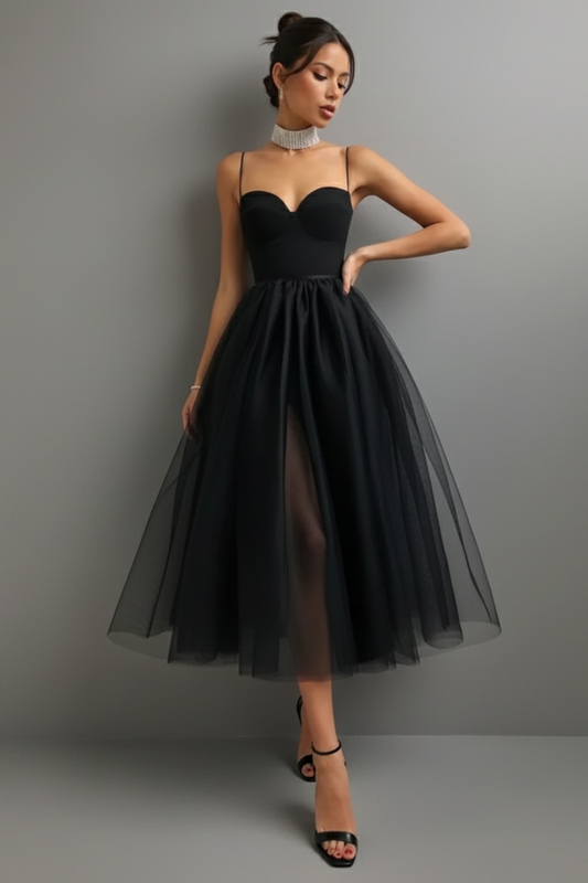 Graceful Corset-Bodice Midi Dress – Spaghetti Straps & Tulle Overlay