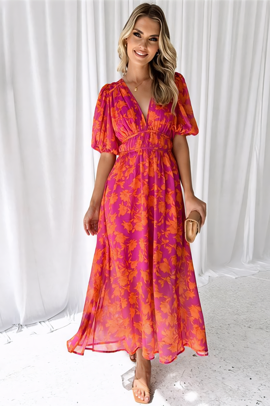 Vibrant Floral Puff-Sleeve Maxi Dress – V-Neck Cocktail Silhouette & Flowy Movement