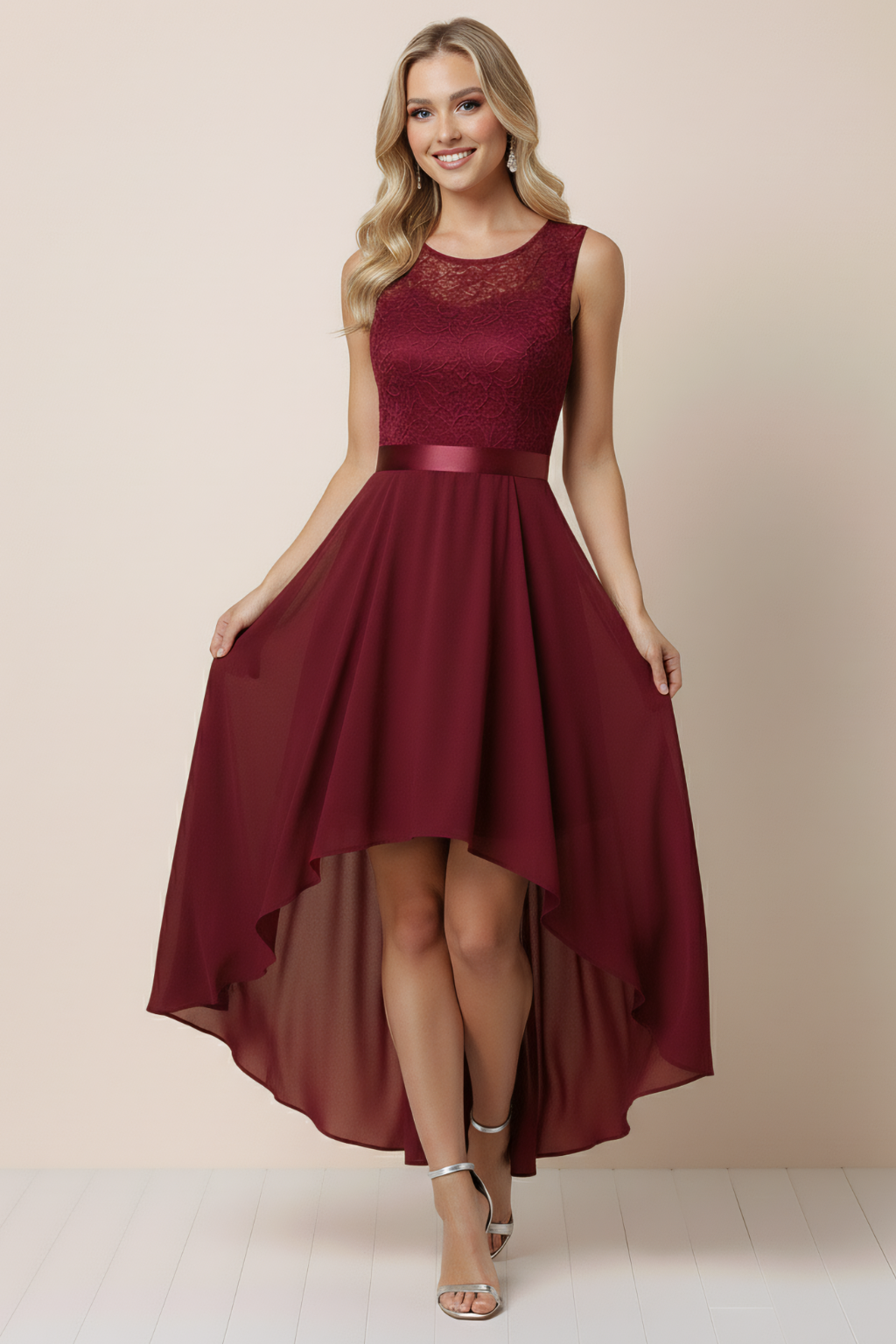 High-Low Evening Dress – Lace Bodice & Flowing Asymmetrical Silhouette