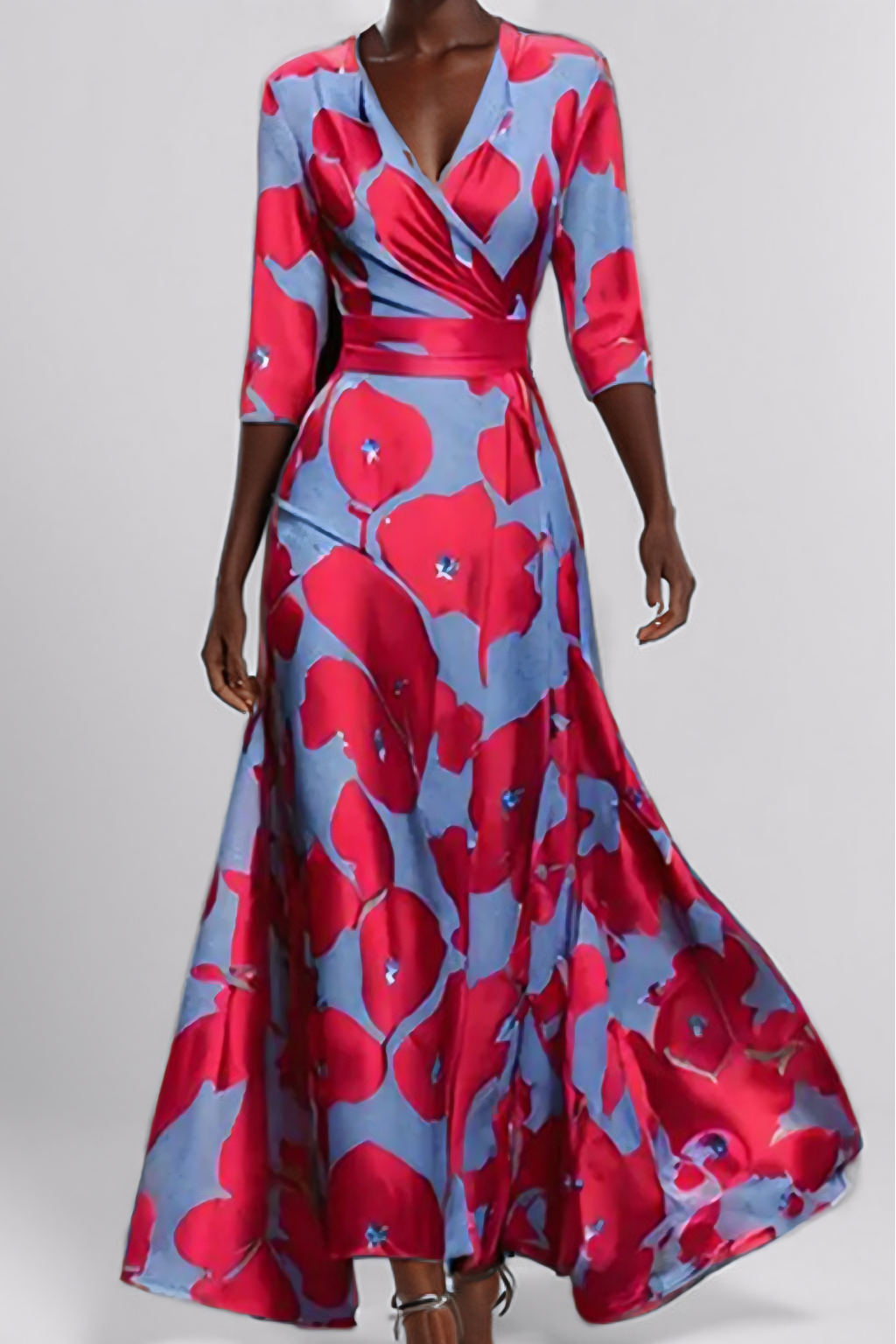 Elegant Floral Print Maxi Dress – Wrap V-Neck Evening Silhouette