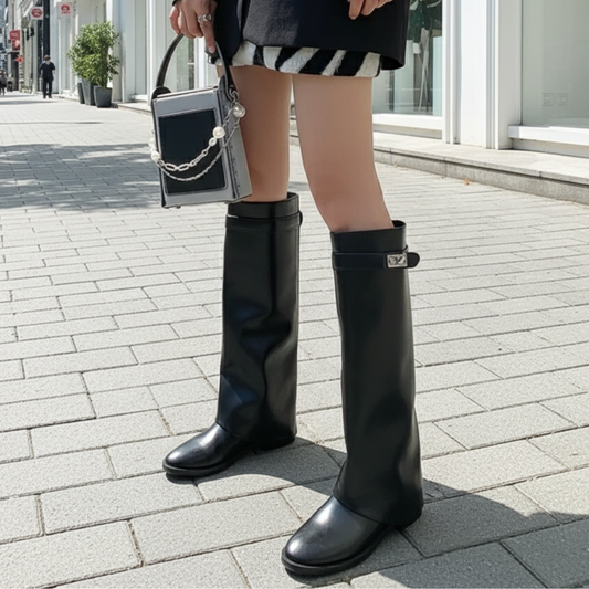 Knee High Leather Boots – Polished Buckle Detail and Sleek Silhouette