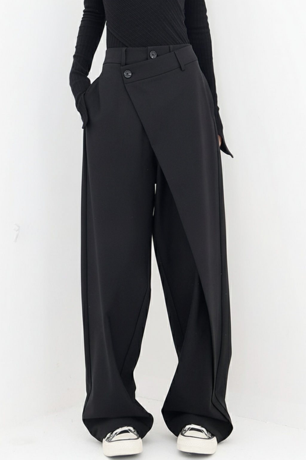 Modern Wide-Leg Pants – Asymmetric Waist Detail & Relaxed Silhouette