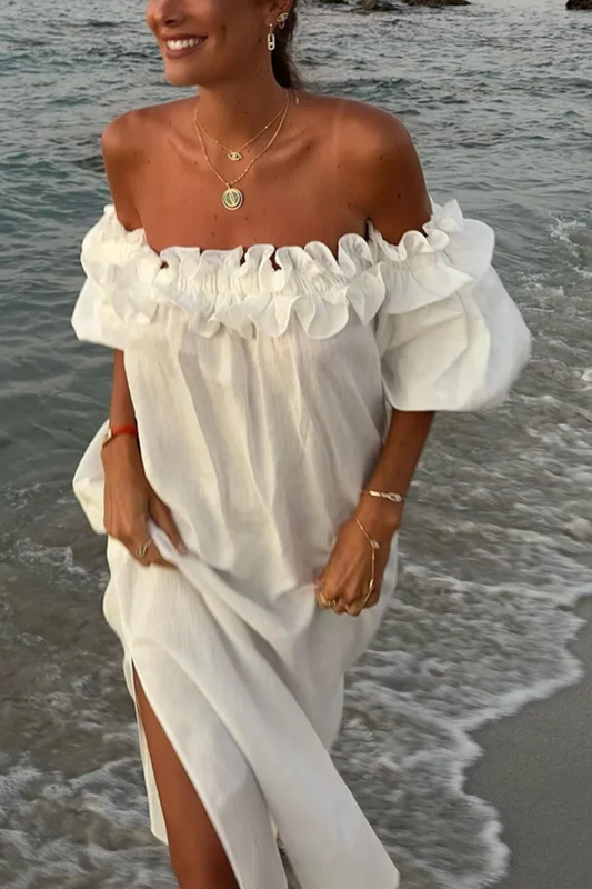 Romantic Off-Shoulder Ruffle Maxi Dress – Flowing Silhouette & Side-Split Elegance