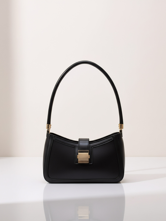 Chic Black Leather Shoulder Bag – Timeless Minimalist Design with Gold Clasp