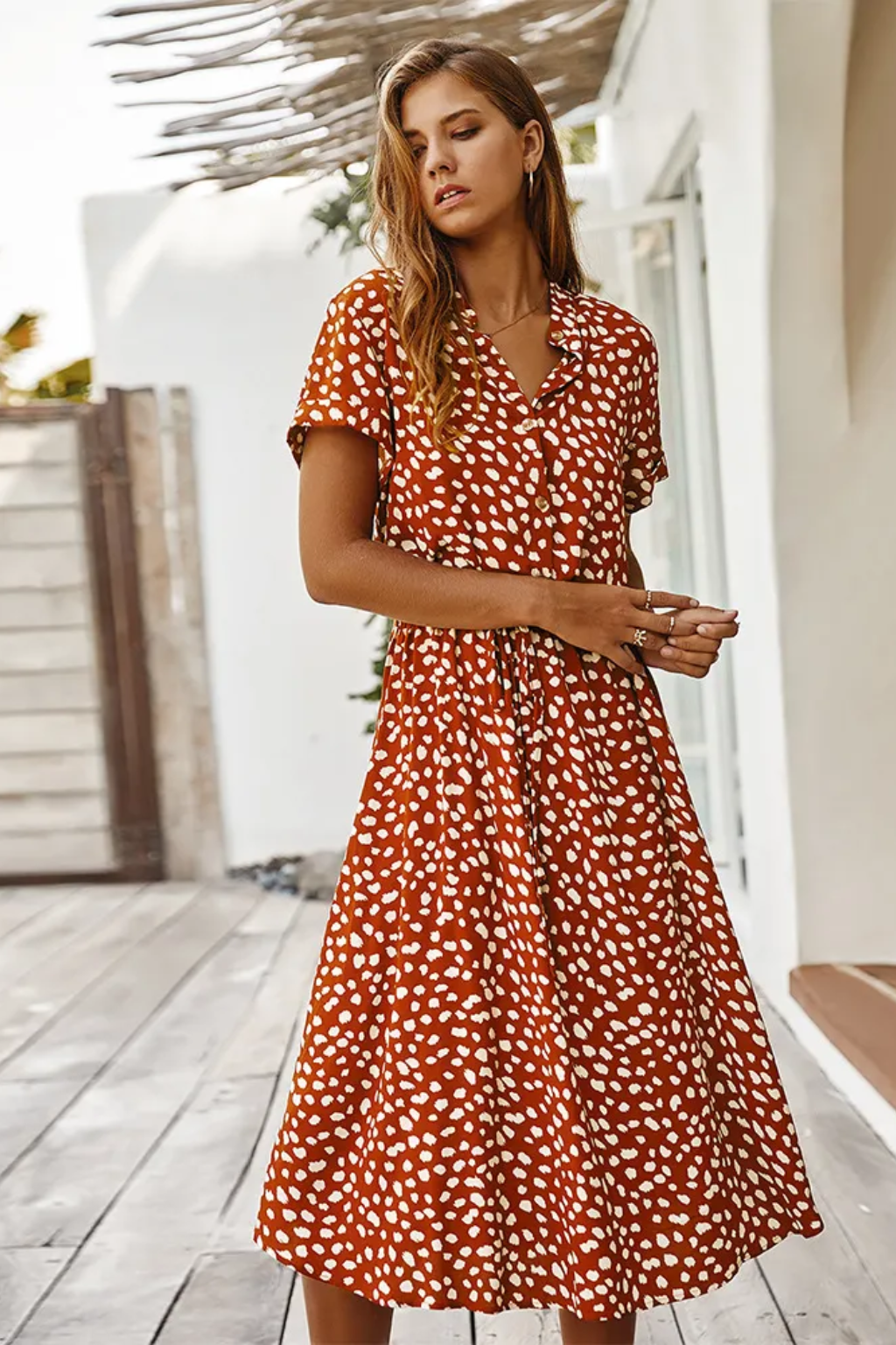 Chic Printed Midi Dress – Short-Sleeve Button-Front Summer Style
