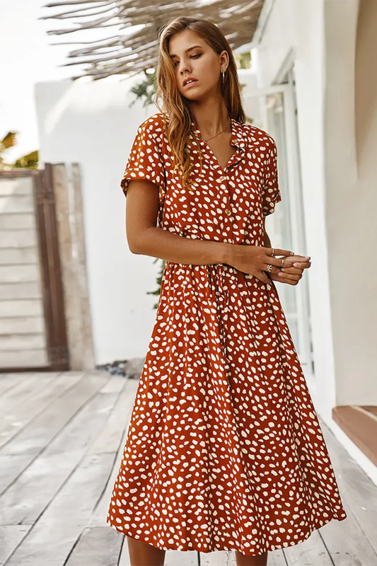 Chic Printed Midi Dress – Short-Sleeve Button-Front Summer Style