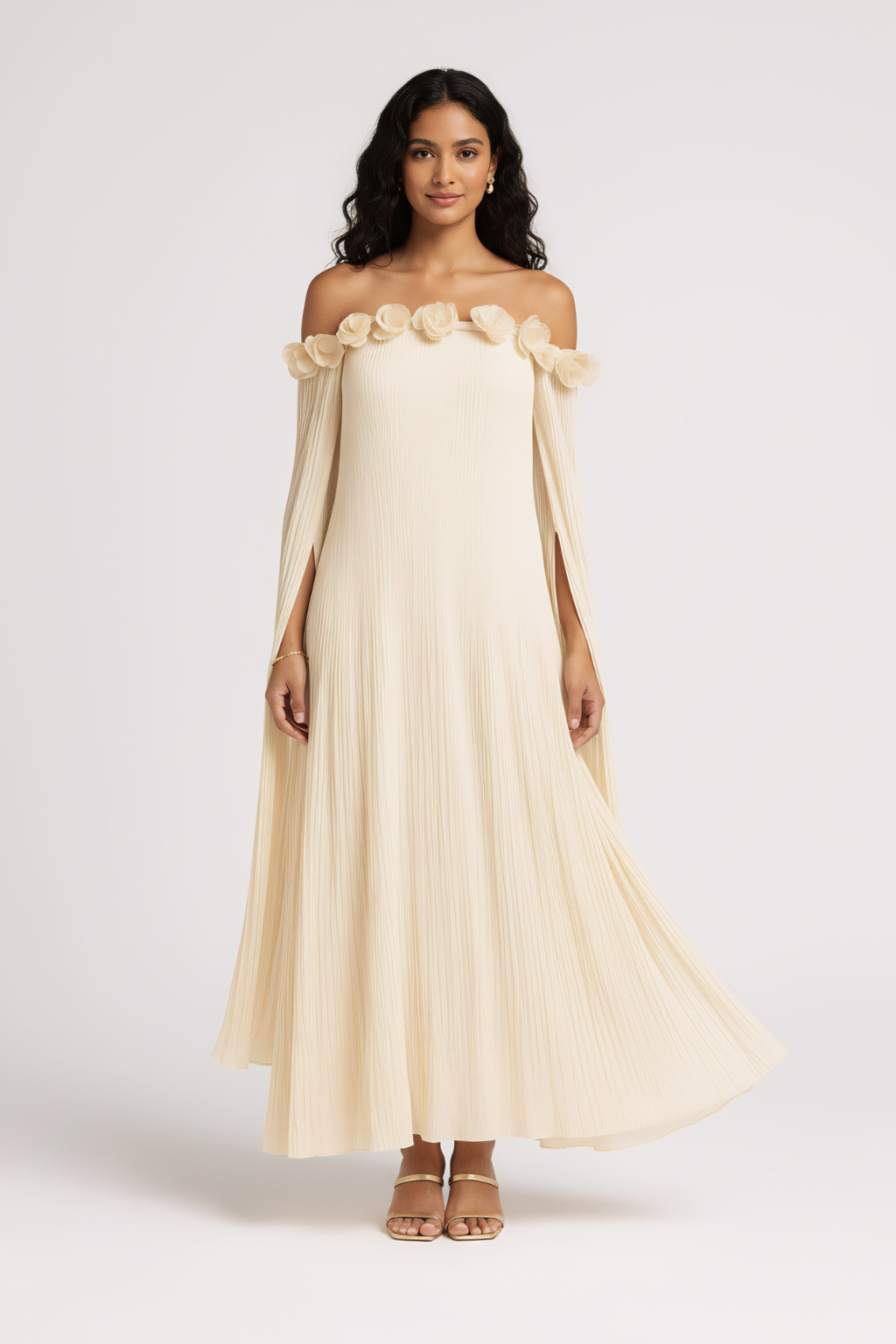 Romantic Off-Shoulder Pleated Maxi Dress – Flowing Silhouette & Floral Neckline Detail