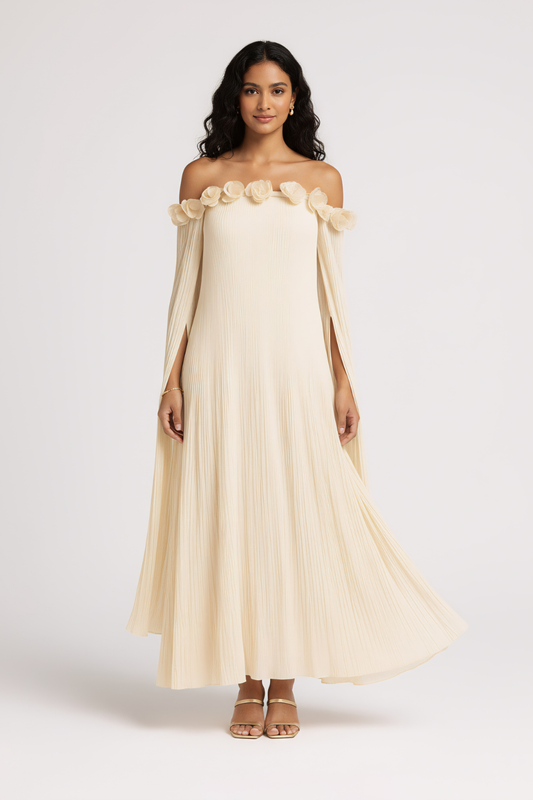 Romantic Off-Shoulder Pleated Maxi Dress – Flowing Silhouette & Floral Neckline Detail