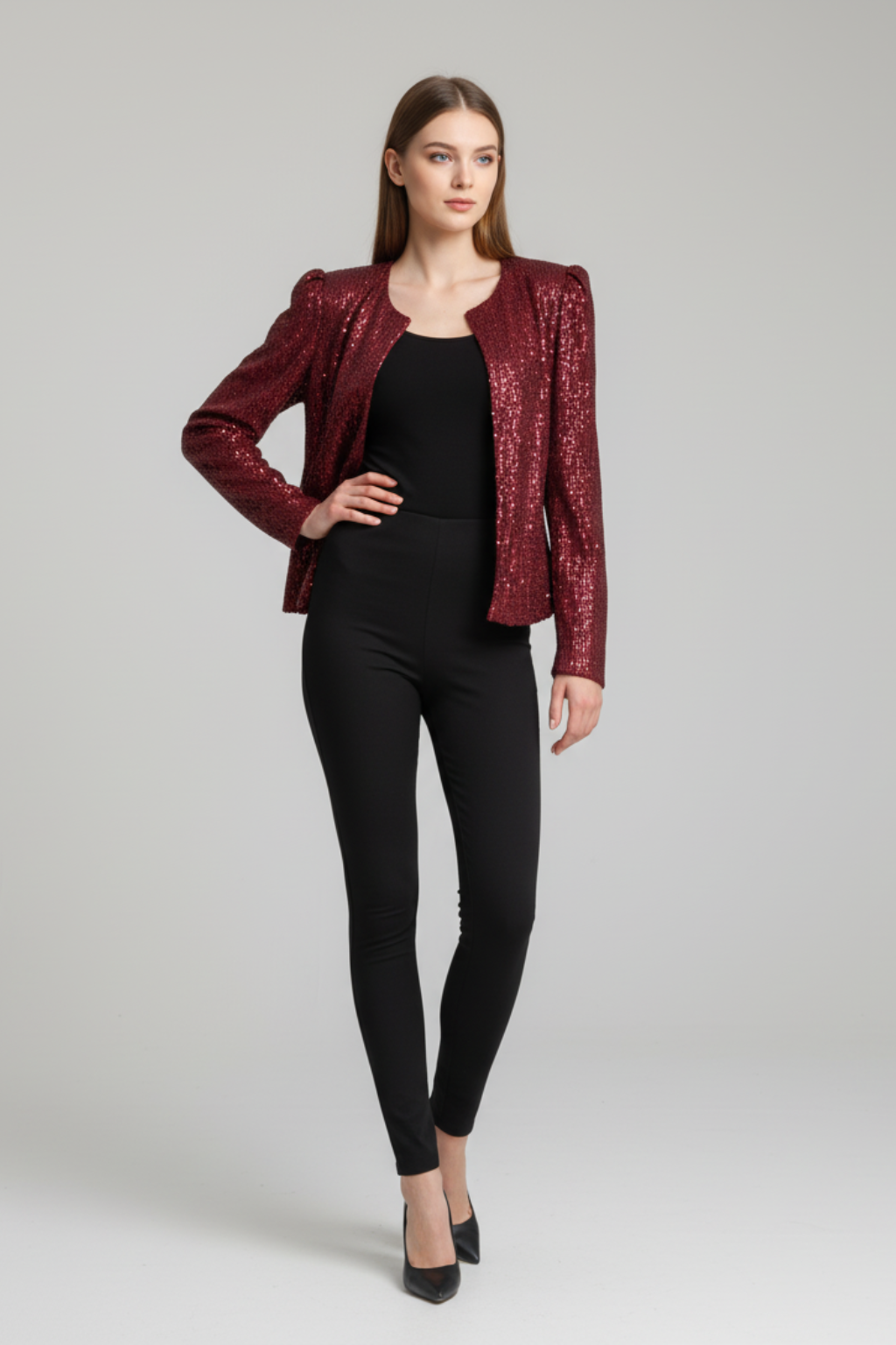 Refined Shimmer Jacket – Tailored Shoulders & Timeless Open-Front Cut