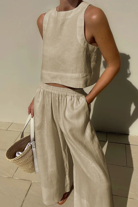 Refined Two-Piece Summer Set – Sleeveless Crop Top & Wide-Leg Pants
