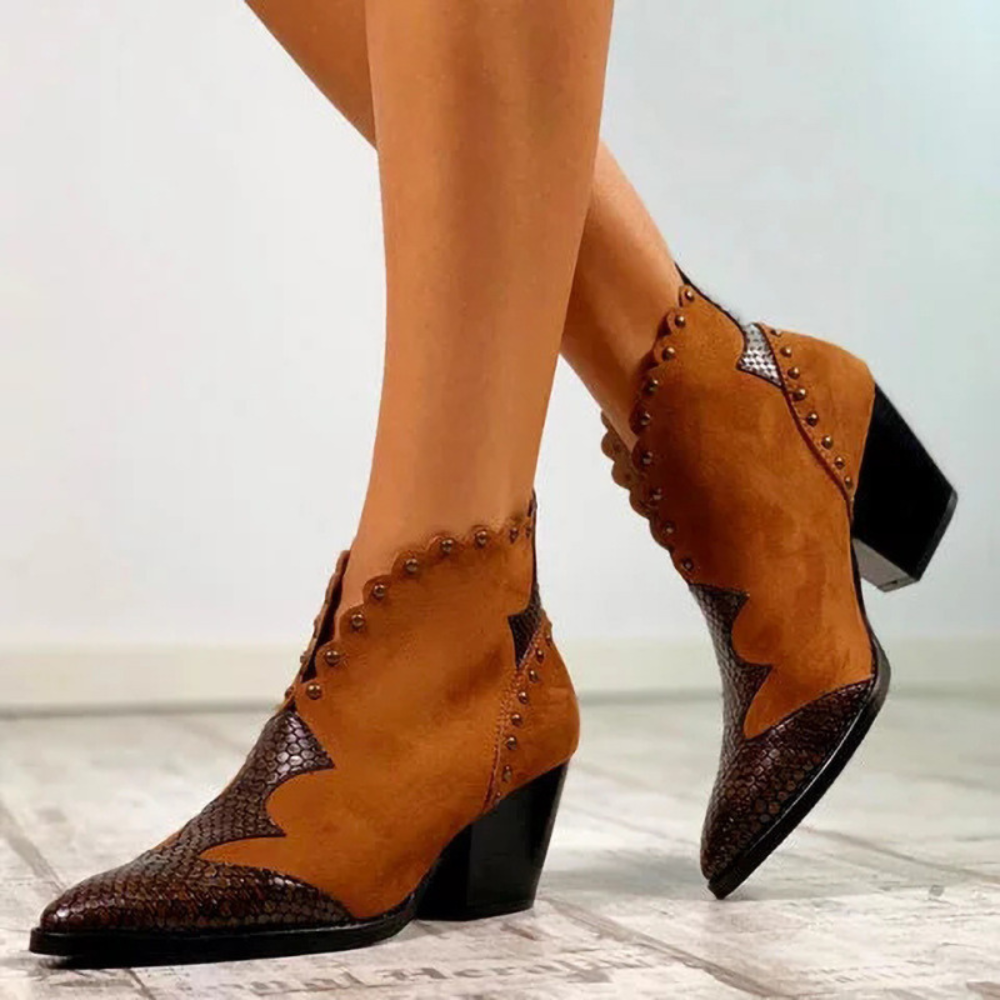 Western Ankle Boots – Studded Detailing with Contrast Textures