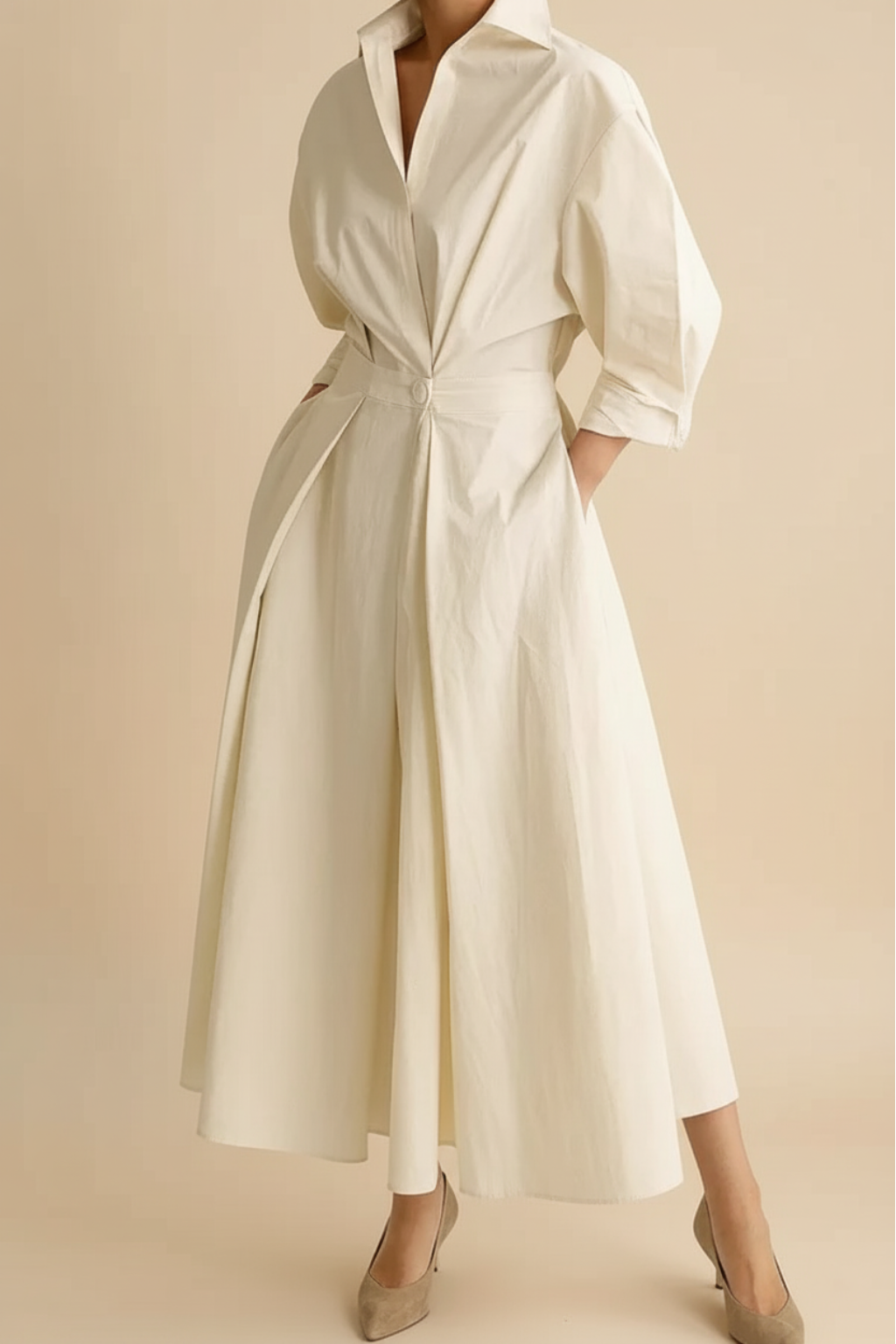 Refined Shirt Midi Dress – Cinched Waist & Flowing A-Line Silhouette
