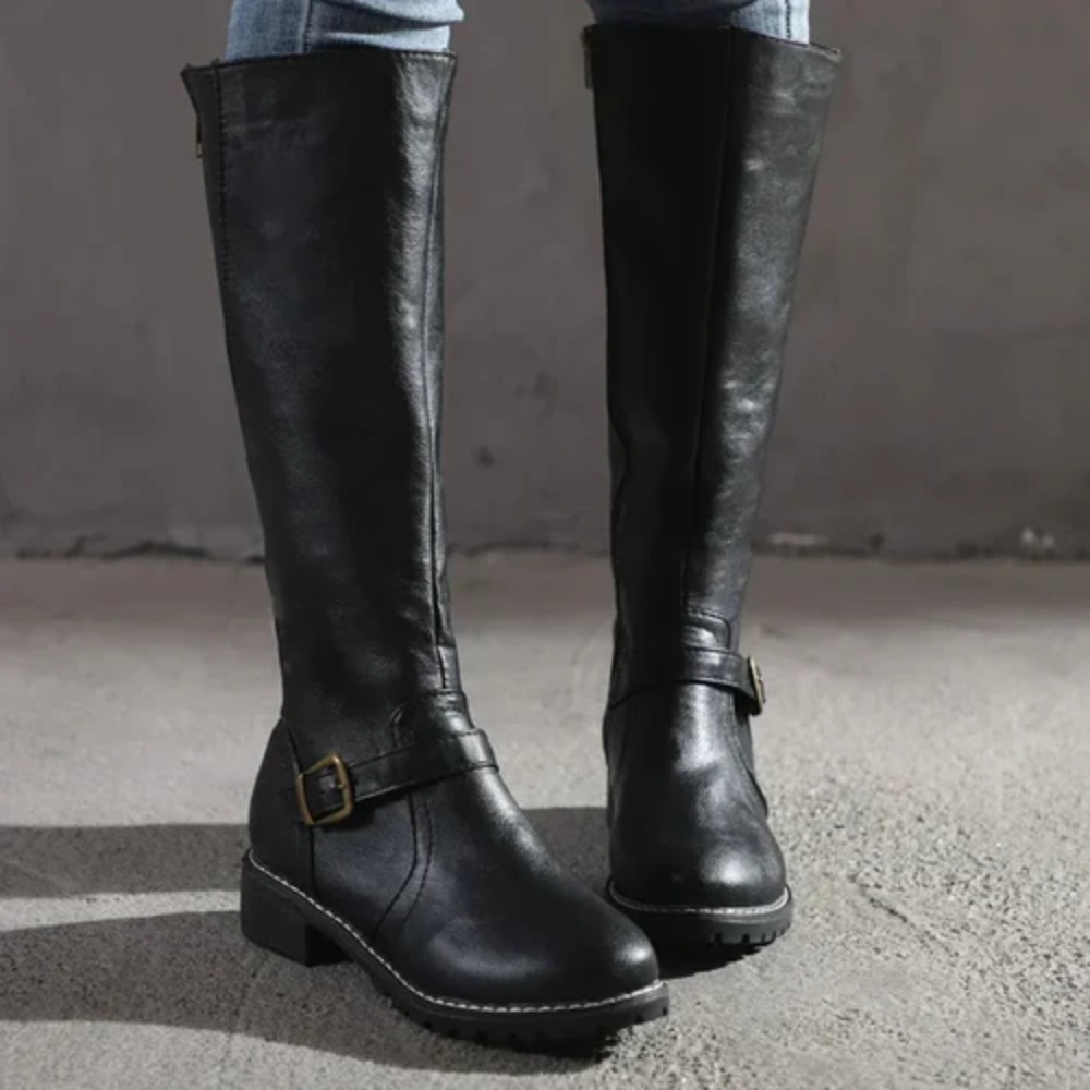 Women’s Knee-High Buckle Boots – Classic Style with Low Heel