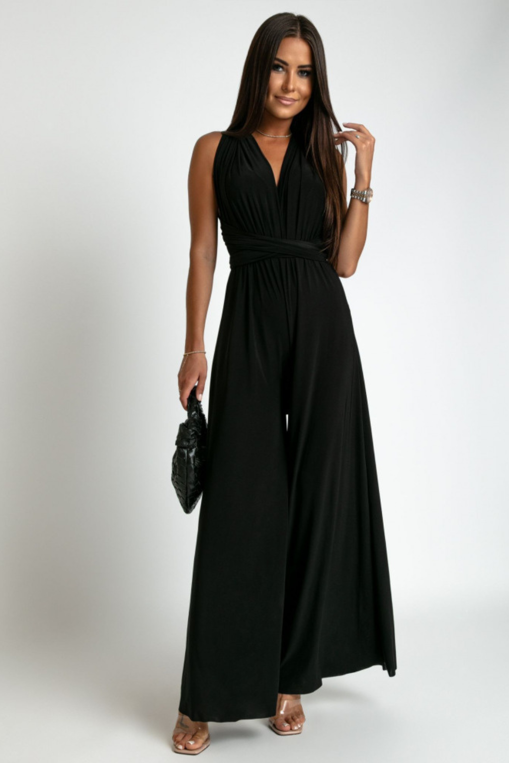 Elegant Wide-Leg Jumpsuit – Deep V-Neck Sleeveless Silhouette & Open Back