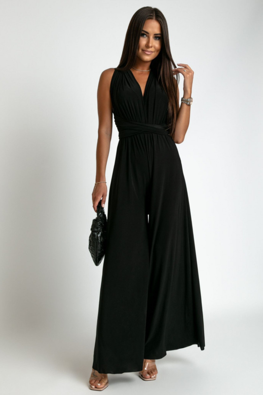 Elegant Wide-Leg Jumpsuit – Deep V-Neck Sleeveless Silhouette & Open Back